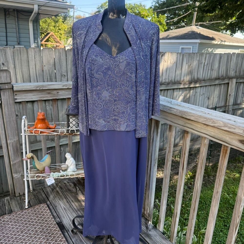 Vintage Purple Glitter Alex Evening Paisley 2 Piece Dress & Cardigan Set Women’s